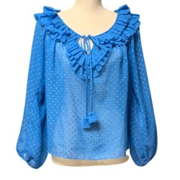 REBECCA TAYLOR | Blue Sheer Ruffled Keyhole Tie Neck Long Sleeved Blouse Size 4 - Picture 1 of 6